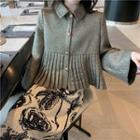 Pleated Hem Button Jacket / Flower Print Midi Knit Skirt