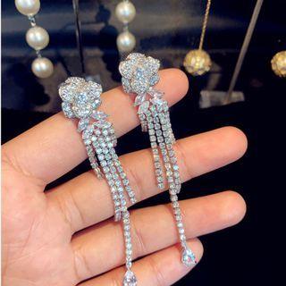 Flower Rhinestone Fringed Earring 1 Pair - Silver - One Size