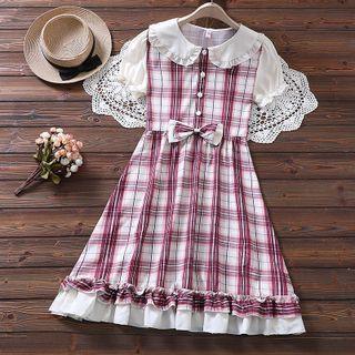 Short-sleeve Peter Pan Collar Plaid A-line Dress