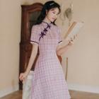 Short-sleeve Plaid Frog Buttoned Midi A-line Dress