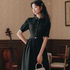 Short-sleeve Faux Pearl Midi A-line Shirtdress