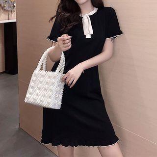 Lace-up Short-sleeve A-line Dress Black - One Size