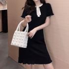 Lace-up Short-sleeve A-line Dress Black - One Size