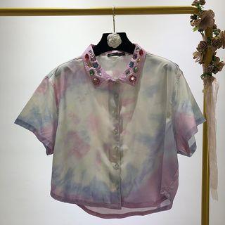 Short-sleeve Rhinestone Eyele Blouse