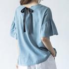 Bell-sleeve Plain Blouse Blue - One Size