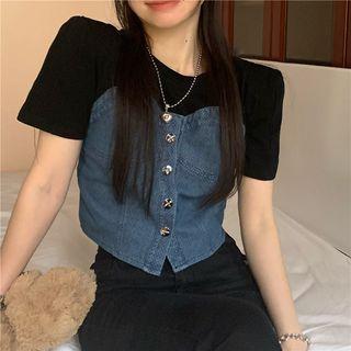 Short-sleeve Mock Two-piece Denim Panel Top Denim - One Size