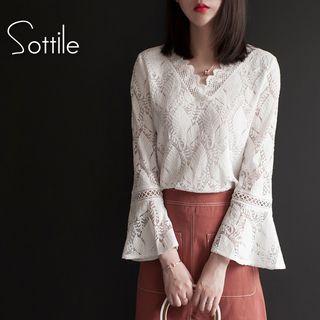 Bell-sleeve V-neck Plain Lace Pullover