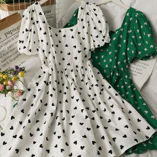 Puff-sleeve Heart-print Midi Dress