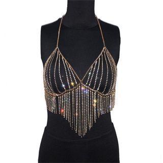 Halter Rhinestone Bralette Top Gold - One Size