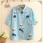 Pocket-front Cat Print Short-sleeve Shirt As Shown In Figure - One Size