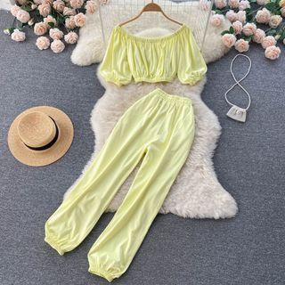 Set: Puff-sleeve Off-shoulder Crop Top + Jogger Pants