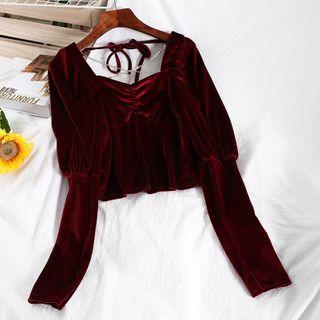 Ruched Lantern-sleeve Velvet Blouse