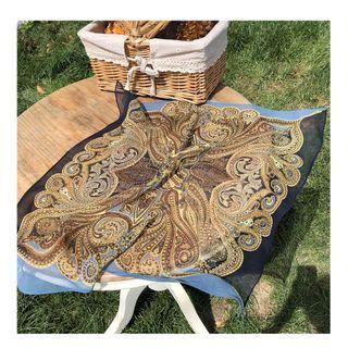 Printed Silk Scarf Navy Blue - 53x53cm