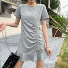 Short-sleeve Frill Trim Drawstring A-line Mini Dress