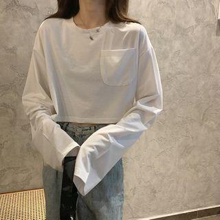 Plain Long-sleeve Cropped Pocket T-shirt