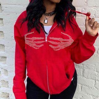 Rhinestone Skeleton Hand Zip-up Hoodie