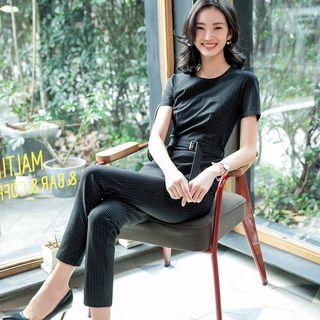 Set : Pinstripe Short-sleeve Top + Mini Skirt / Pants