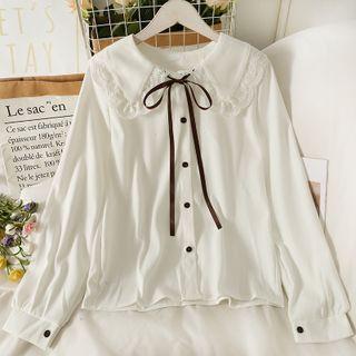 Tie-neckline Lace-trim Loose Shirt