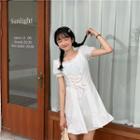 Short-sleeve Off-shoulder Ruffle-trim A-line Dress White - One Size