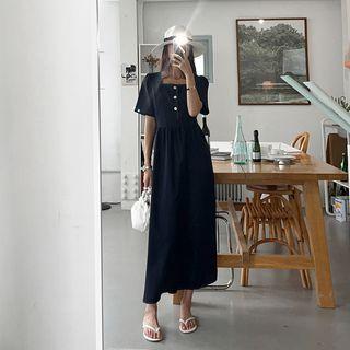 Square-neck Contrast-stitch A-line Long Dress