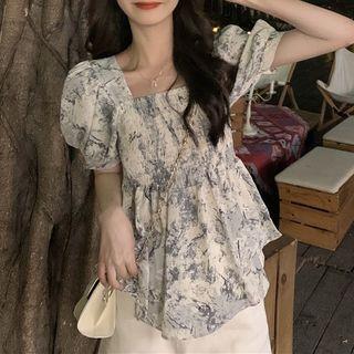 Puff-sleeve Square Neck Print Blouse
