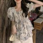 Puff-sleeve Square Neck Print Blouse
