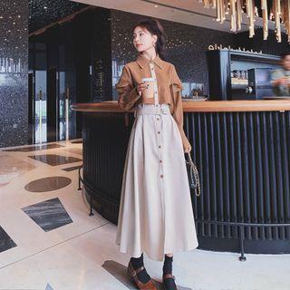 Mock Two-piece Long-sleeve Two-tone Midi A-line Shirt Dress