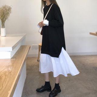 Mock Two Piece Long-sleeve A-line Midi Dress Black - One Size