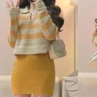 Cropped Striped Open-collar Sweater / Mini Fitted Skirt