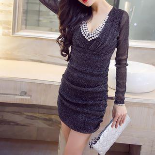 Long-sleeve V-neck Glitter Sheath Dress