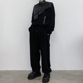 Denim Panel Long-sleeve Jumpsuit
