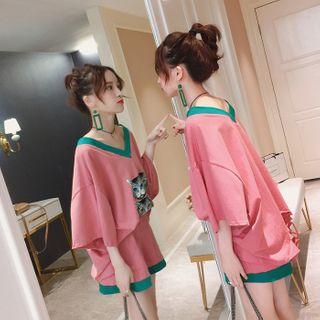 Set: Elbow-sleeve Printed Top + Wide-leg Shorts