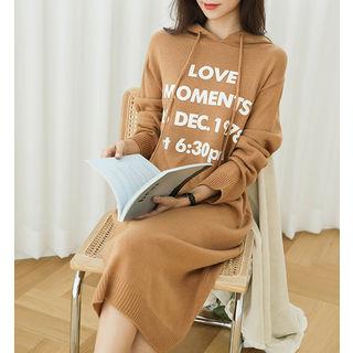 Hooded Lettered Long Knit Dress