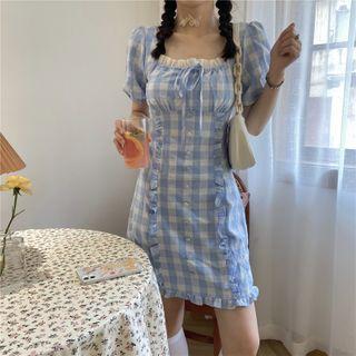 Square-neck Plaid Ruffle Trim Mini A-line Dress