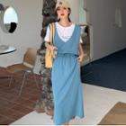 Short-sleeve Lettering T-shirt / Plain Oversized Vest / Plain Midi Skirt / Set