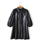 Long-sleeve Faux Leather Collared Dress