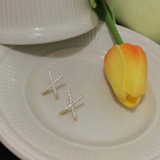 Cross Rhinestone Earring 1 Pair - S925 Silver Ear Studs - White & Gold - One Size