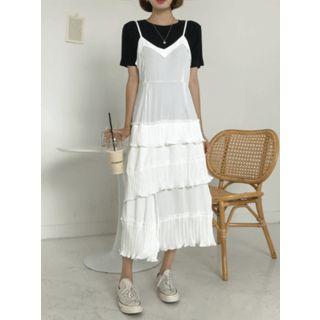 Pleated-trim Tiered Long Pinafore Dress