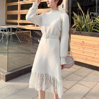 Mock-neck Paneled Midi A-line Sweater Dress