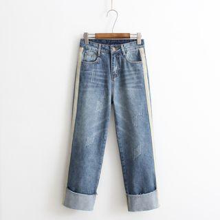 Straight Cut Contrast Trim Jeans