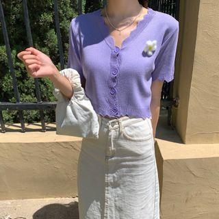 Floral Brooch Scallop-hem Short-sleeve Knit Cardigan