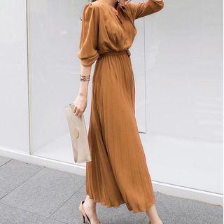 Long-sleeve Tie-waist Midi A-line Accordion Pleated Dress