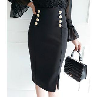 Metallic-button Slit-hem Midi Pencil Skirt
