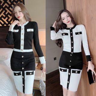 Set: Two-tone Cropped Cardigan + Knit Mini Pencil Skirt