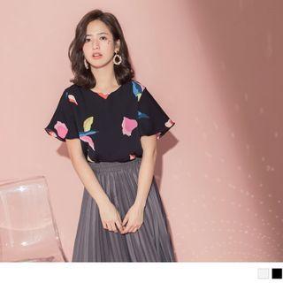 Flower-print Ruffle Sleeve Chiffon Top