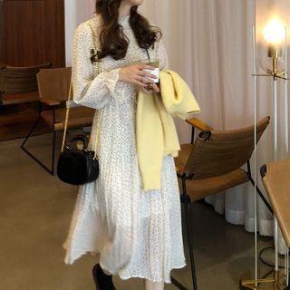 Long-sleeve Dot Print Mesh Midi Dress
