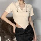 Plain Ribbed V-neck Short Sleeve Cropped T-shirt