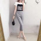 Set: Plain Short Sleeve T-shirt + Color Panel Cropped Pinafore Jumpsuit