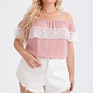 Plus Size Cold-shoulder Lace Panel T-shirt
