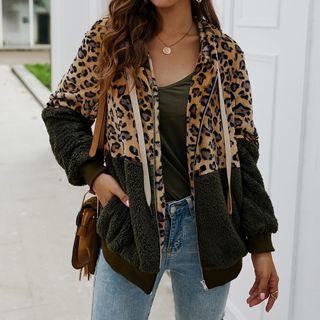 Leopard Print Panel Fleece Zip-up Hoodie